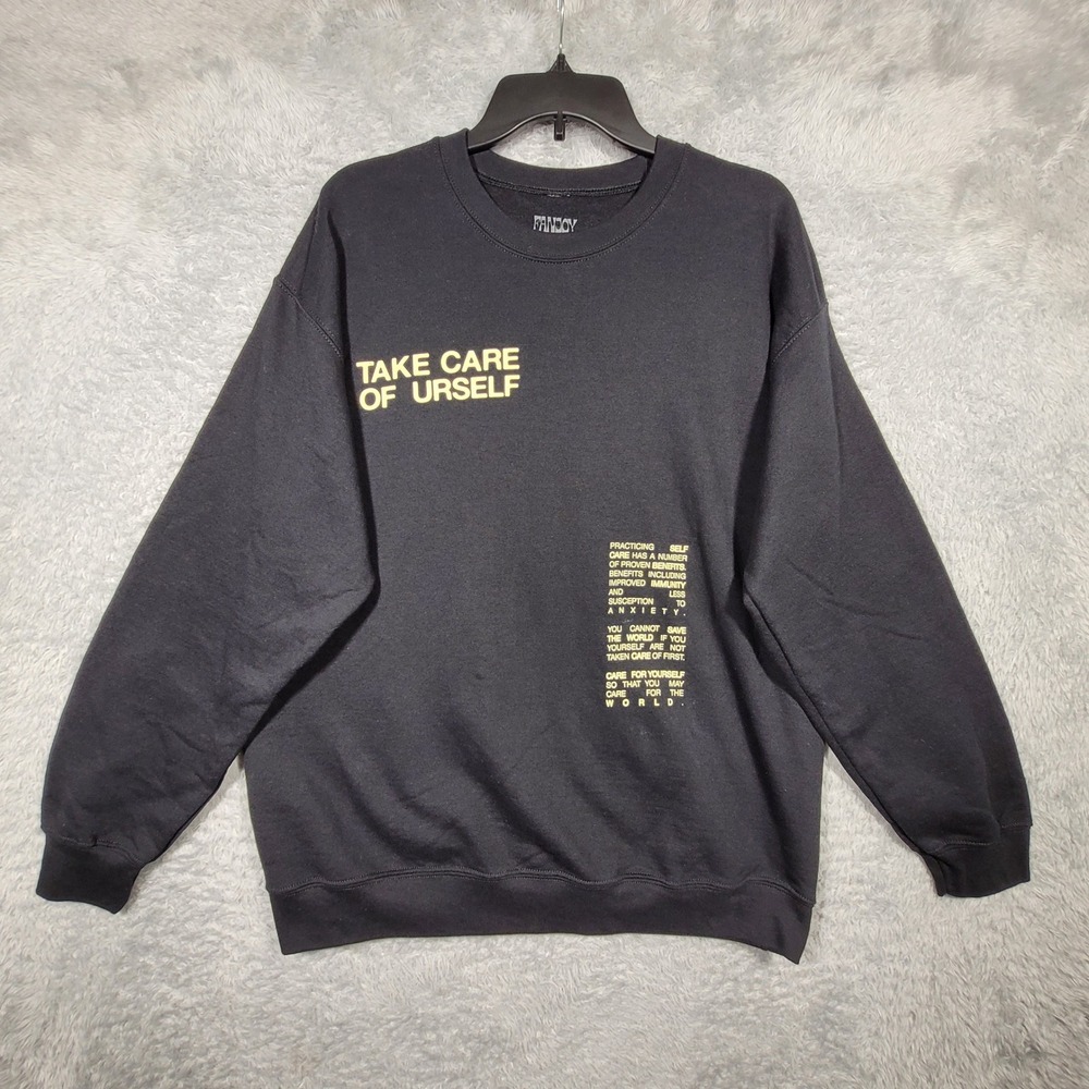 Fanjoy Take Care of Urself Crewneck Sweatshirt Mens Size L Black Graphic